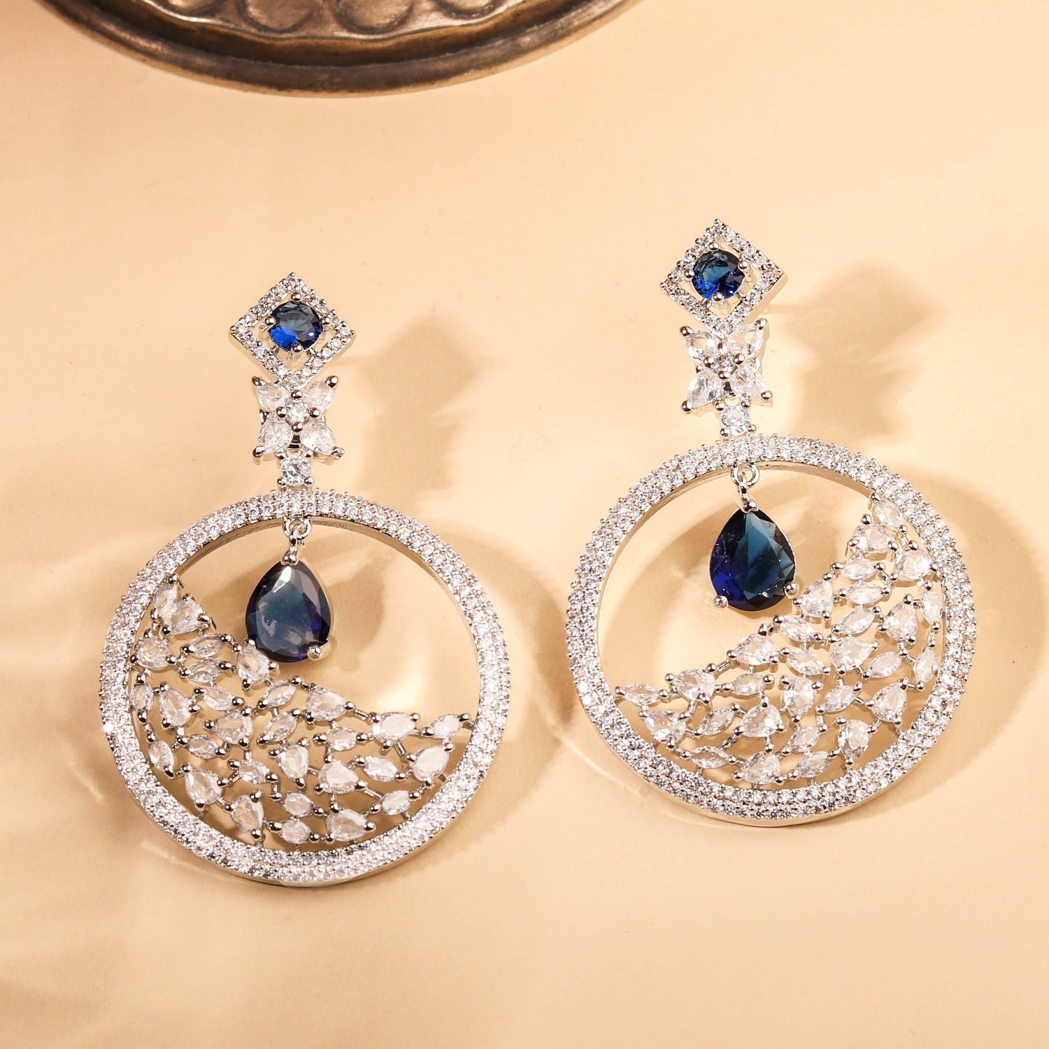 Exquisite Rhodium Plated Sapphire Blue and White Danglers For Women