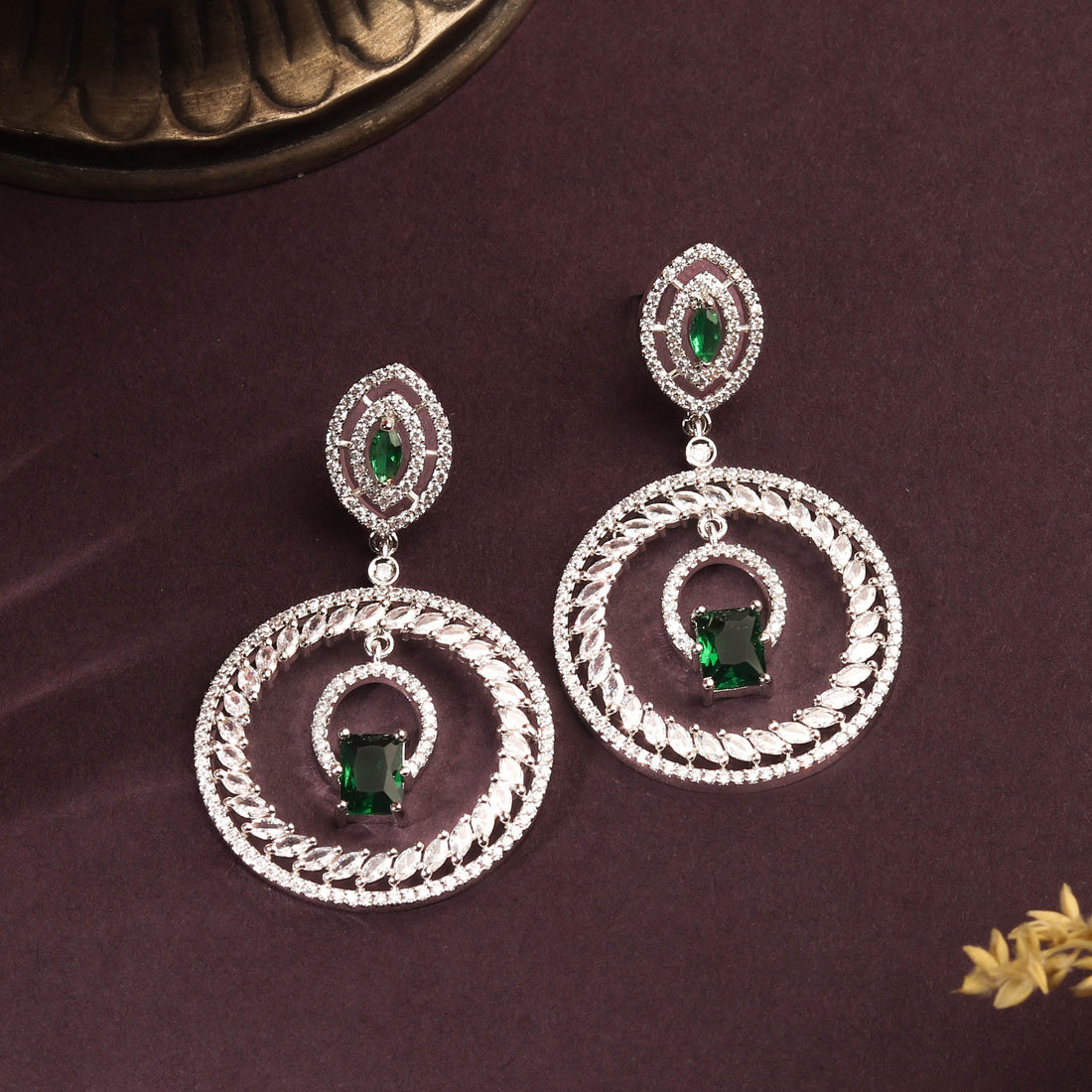 Radiant Rhodium Plated Emerald Green and White Danglers For Women