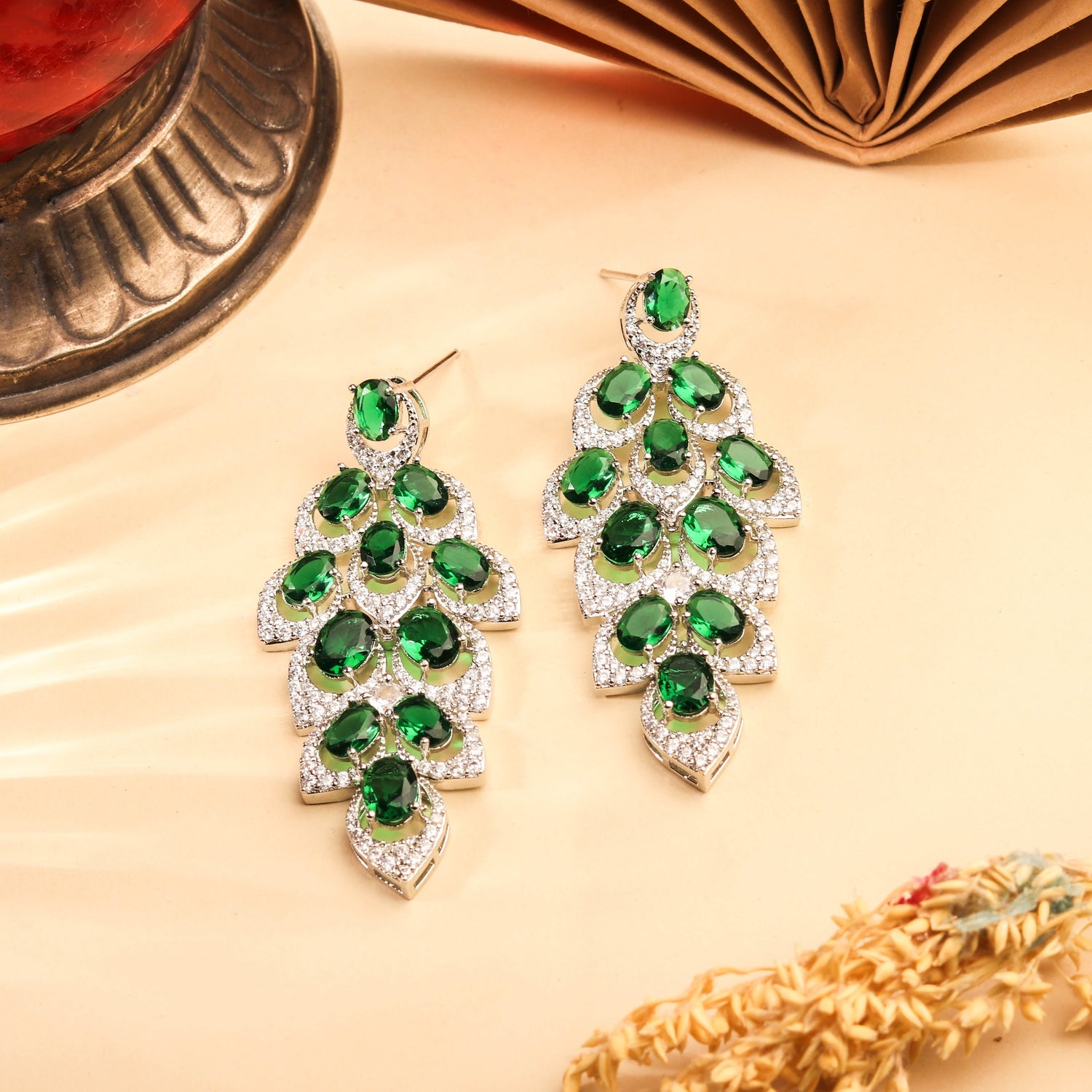 Radiant Rhodium Plated Waterfall Emerald Green Contemporary Earrings For Women