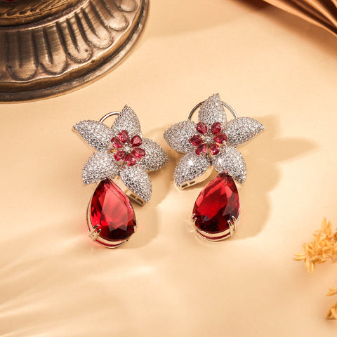 Dazzling Rhodium Plated Floral Inspired Ruby Red and White Earrings For Women