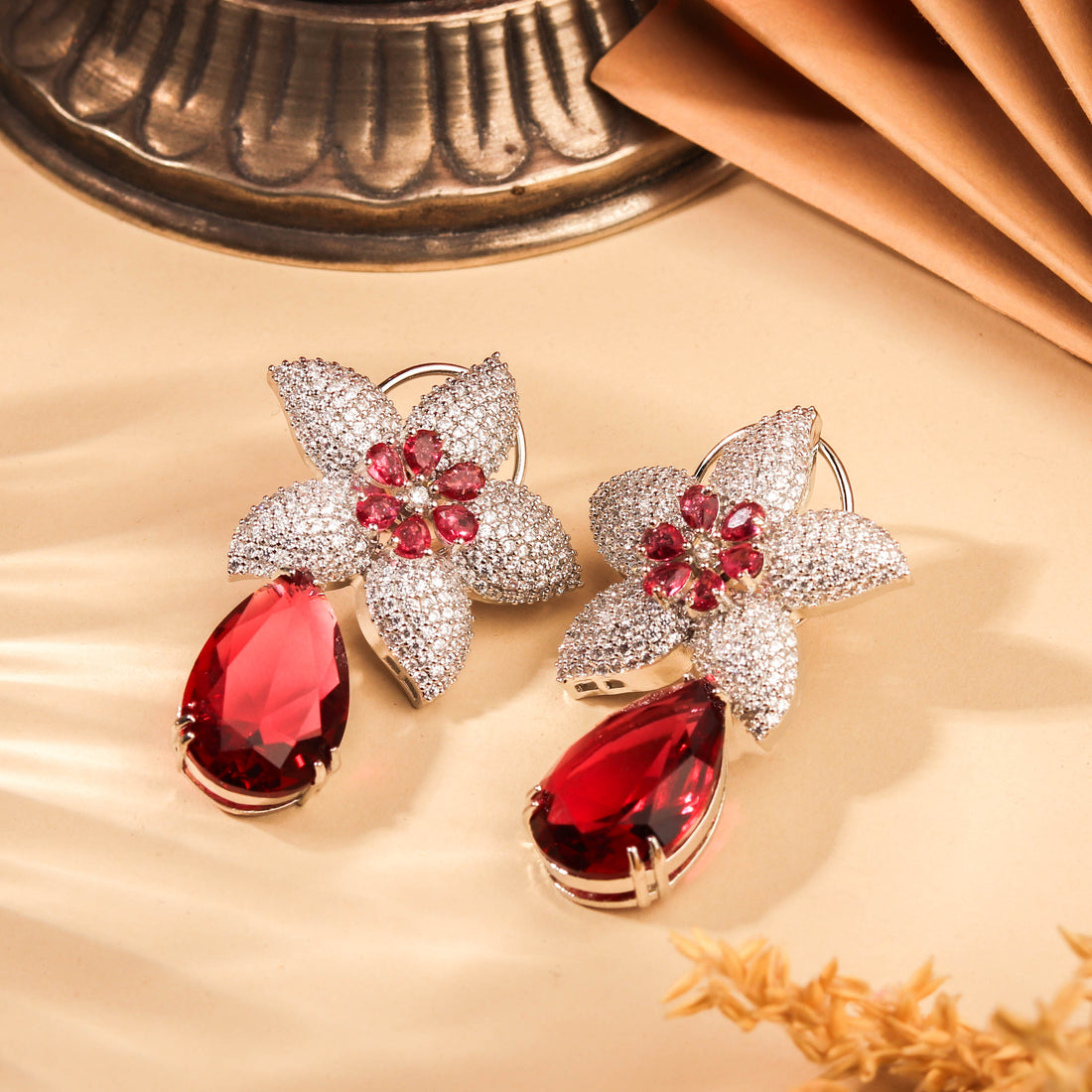 Dazzling Rhodium Plated Floral Inspired Ruby Red and White Earrings For Women