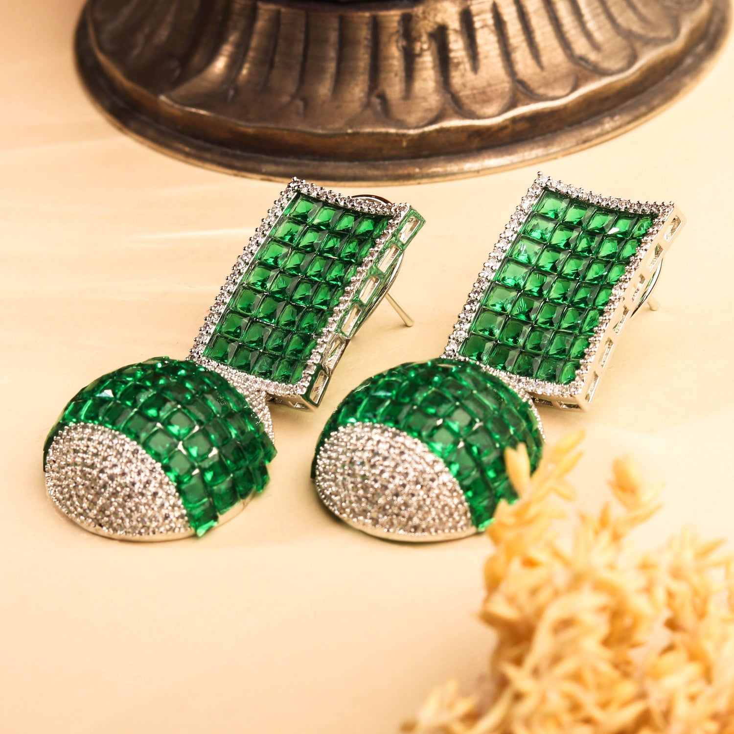 Elegant Rhodium Plated Emerald Green Dangler Earring For Women