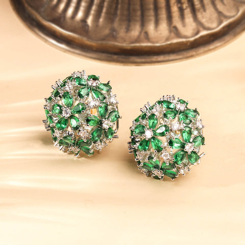 Beautiful Rhodium Plated Emerald Green Circular Stud Earrings for Women