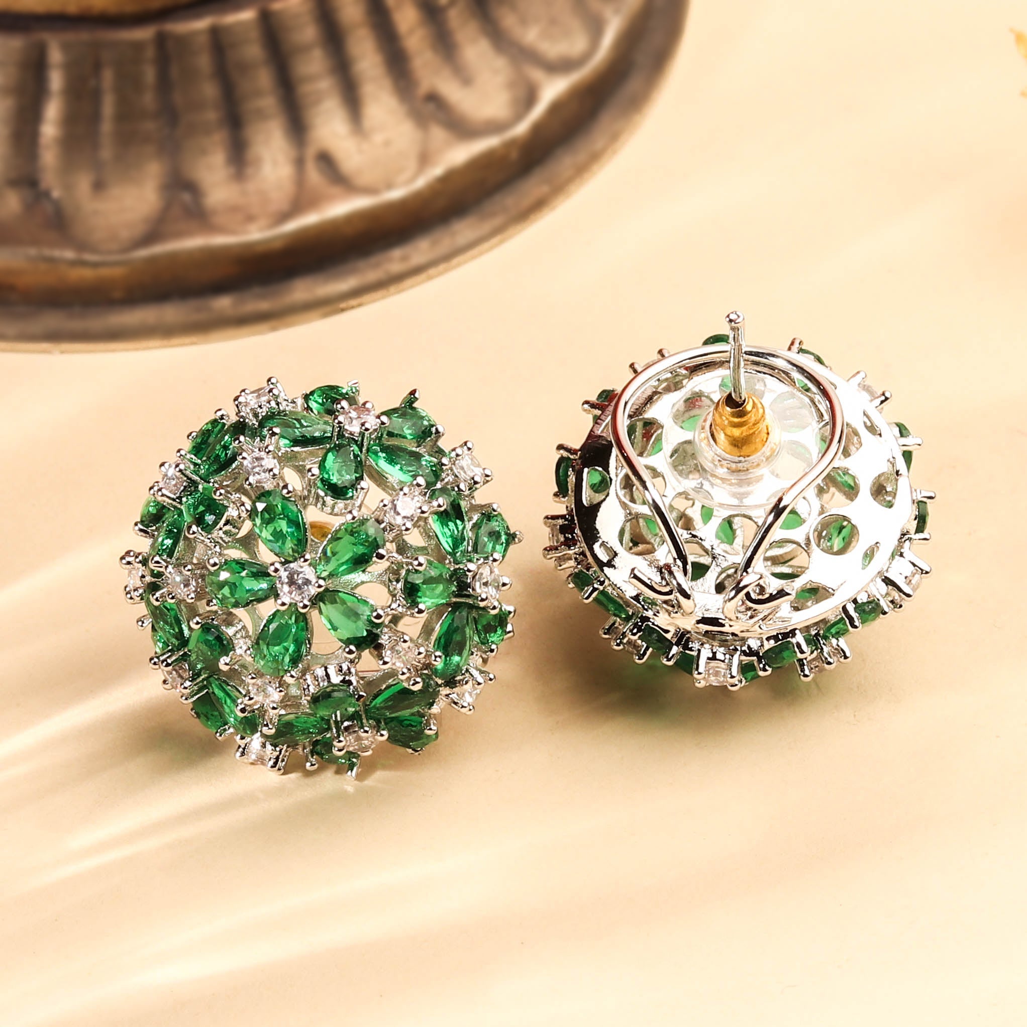 Beautiful Rhodium Plated Emerald Green Circular Stud Earrings for Women