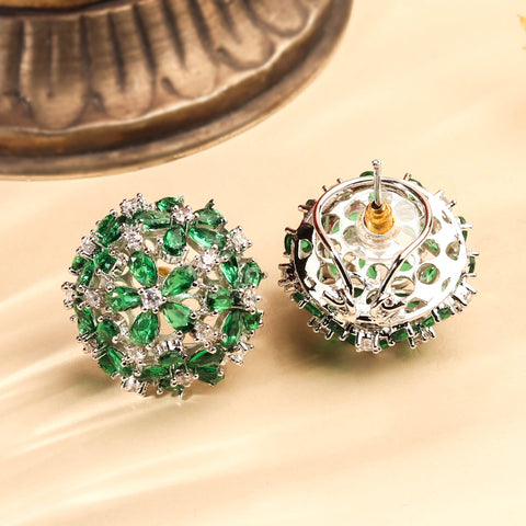 Beautiful Rhodium Plated Emerald Green Circular Stud Earrings for Women