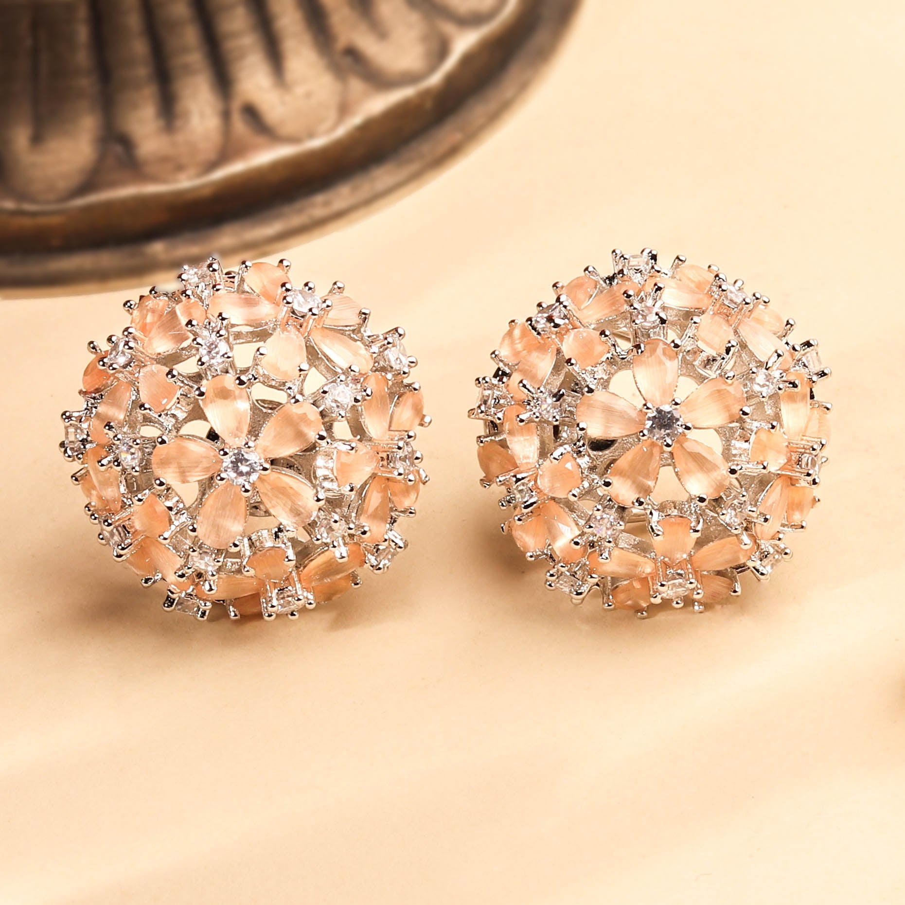 Modern Rhodium Plated Peach Hue Circular Stud Earrings for Women