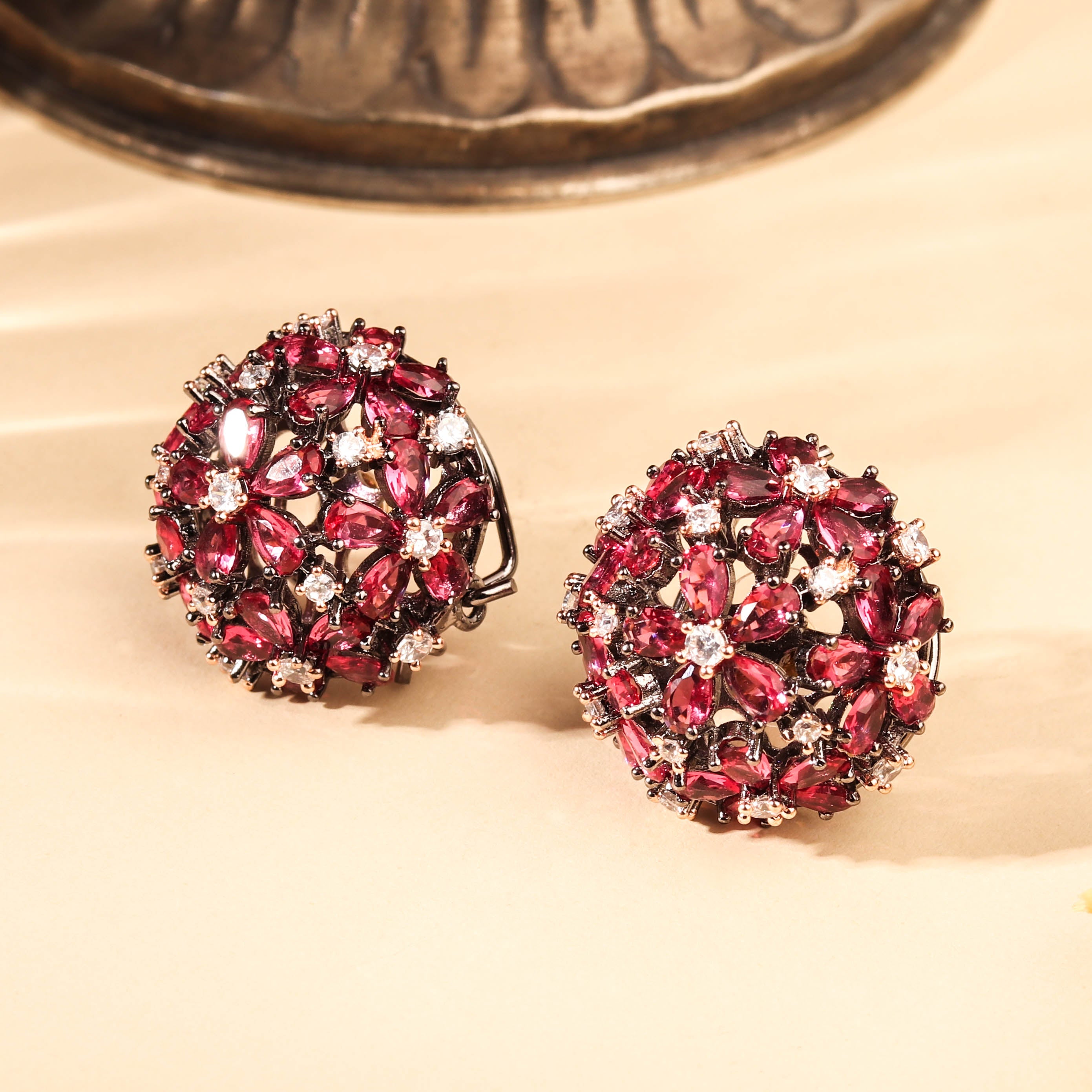 Chic Rhodium Plated Ruby Red Circular Stud Earrings for Women