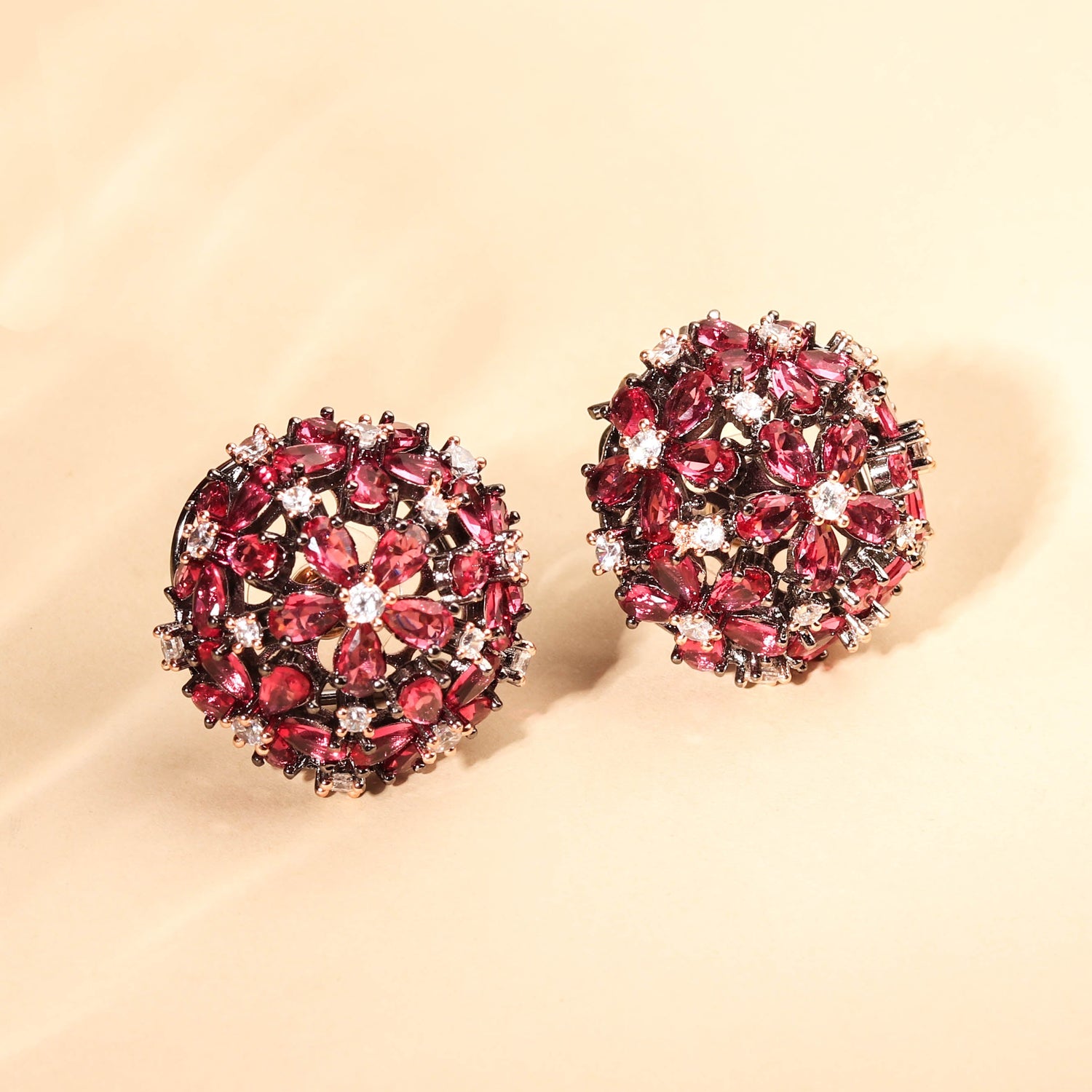 Chic Rhodium Plated Ruby Red Circular Stud Earrings for Women