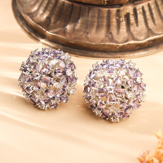 Classic Rhodium Plated Lavender Circular Stud Earrings for Women