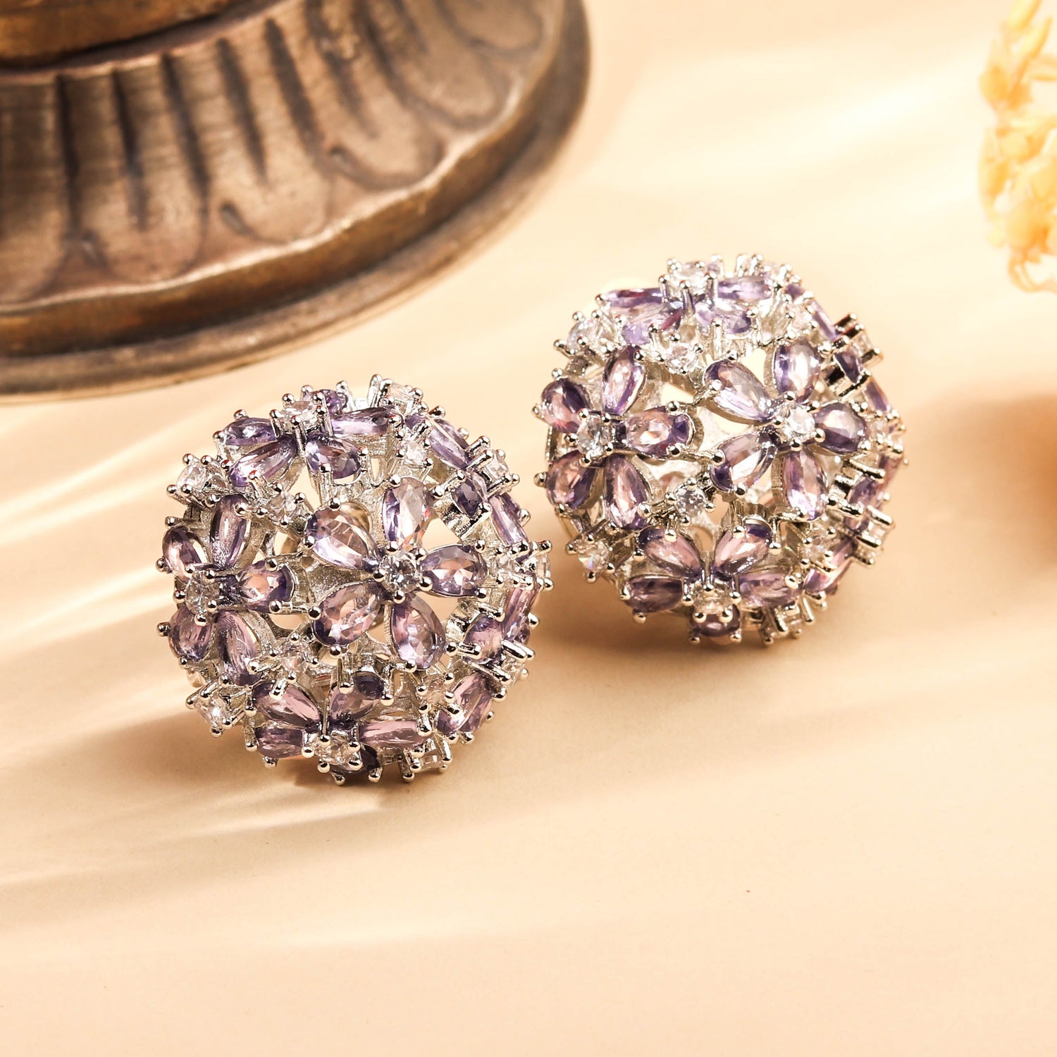 Classic Rhodium Plated Lavender Circular Stud Earrings for Women