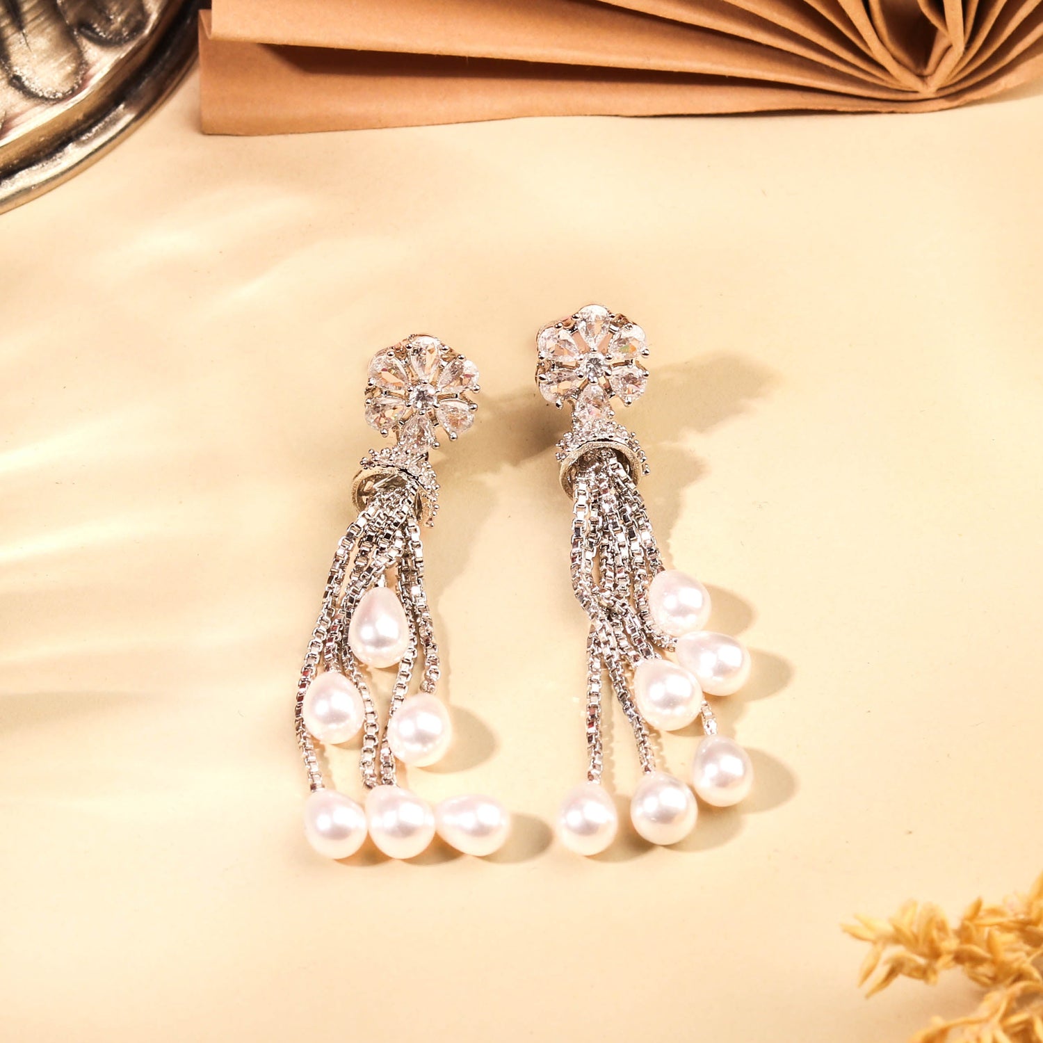 Classic Rhodium Plated Tassel Pearl Drop Earring for Women