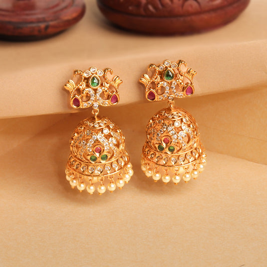 Traditional Gold Plated Kemp Stone Dancing Peacock Inspired Earrings