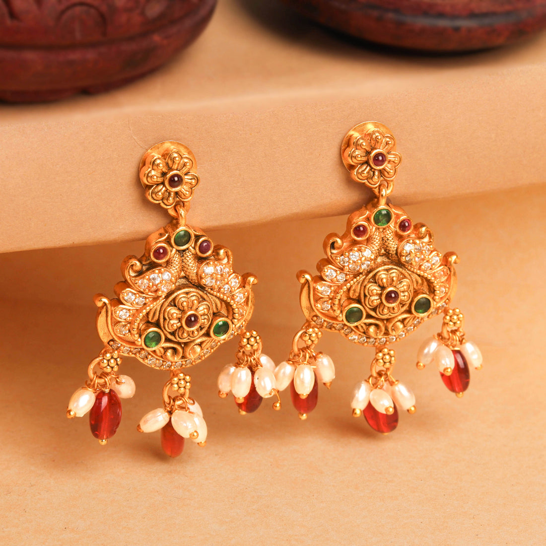 South Indian Artisanal Multi Stone Earring With Ruby Red Beads and Pearls Drop