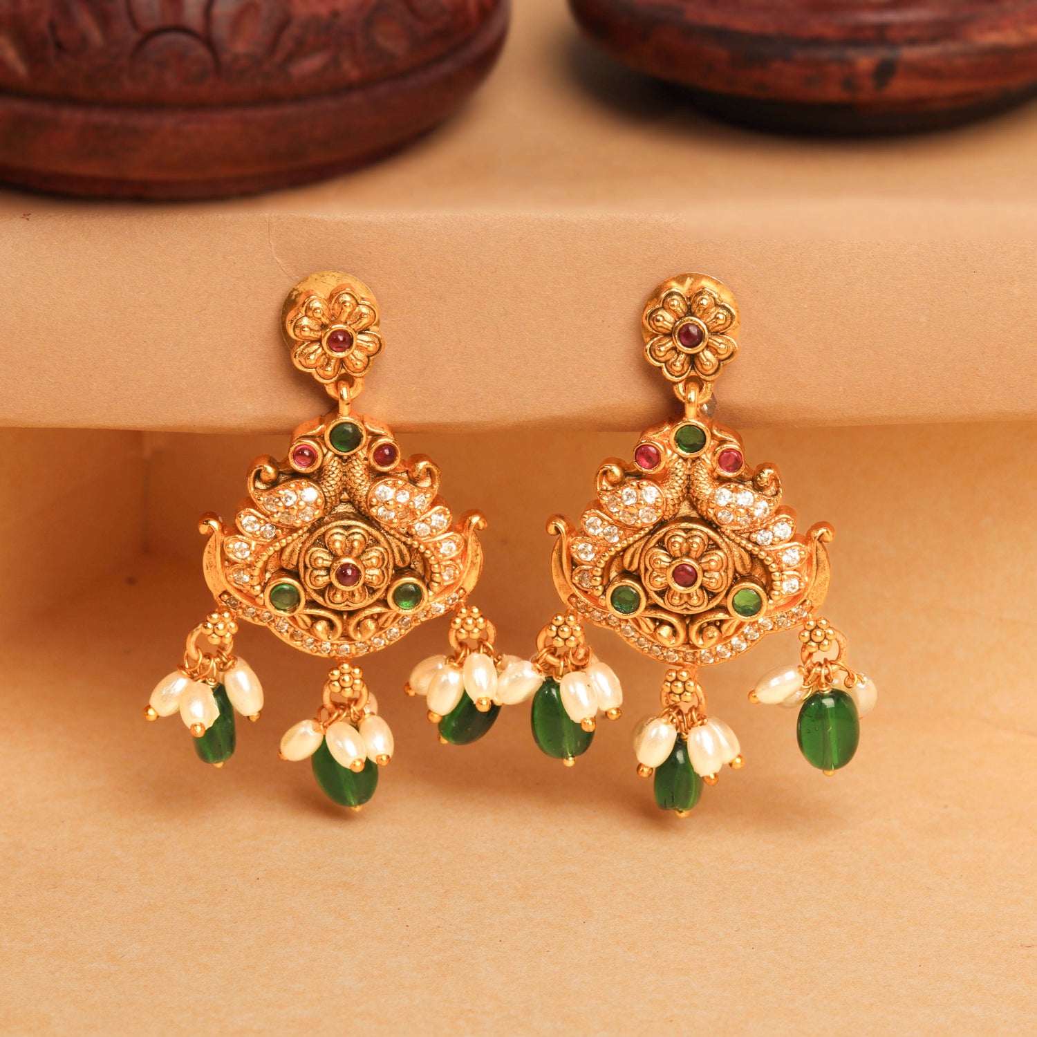 South Indian Handcrafted Multi Stone Earring With Emerald Beads and Pearls Drop