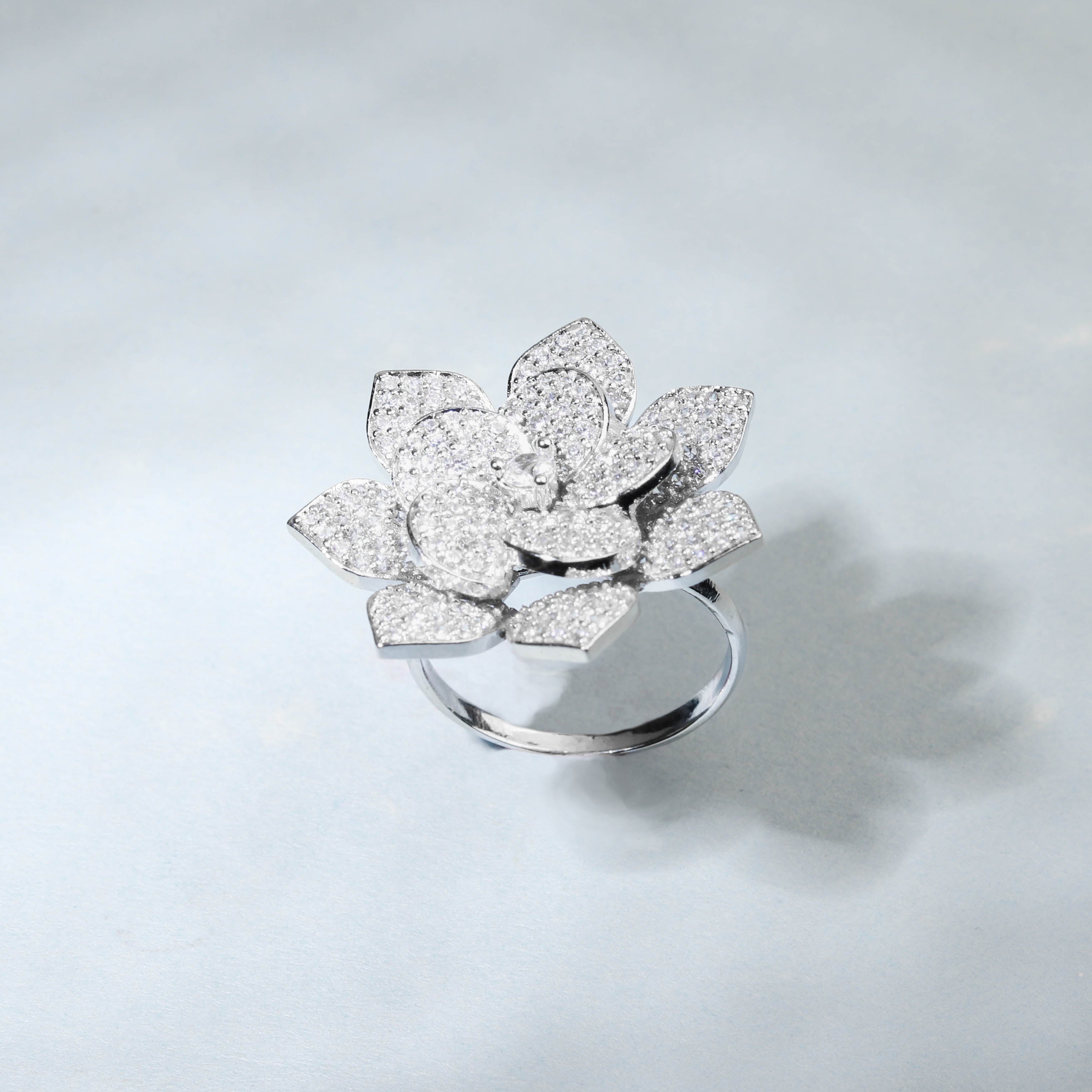 Elegant Flower Shaped Finger Ring With Cz Stones For Women - Free Size