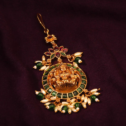 24k Gold Plated Green Kemp Stone Lakshmi Maang Tikka