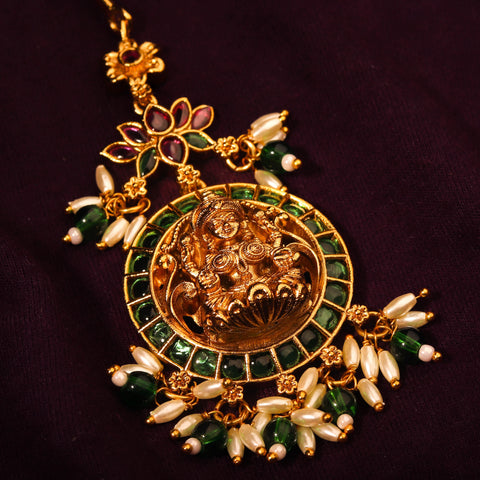 24k Gold Plated Green Kemp Stone Lakshmi Maang Tikka