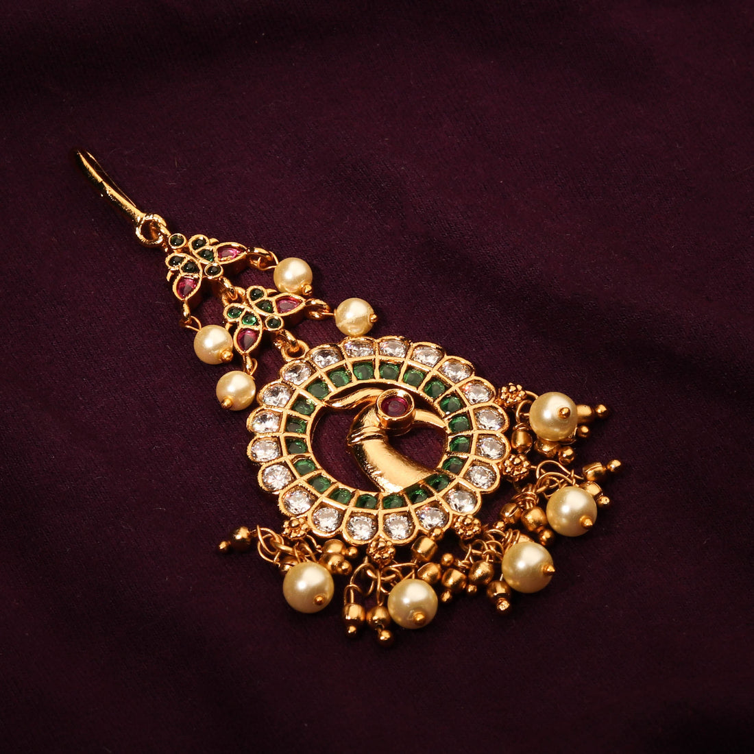 Gold Plated White &amp; Green Kemp Stone Peacock Maang Tikka