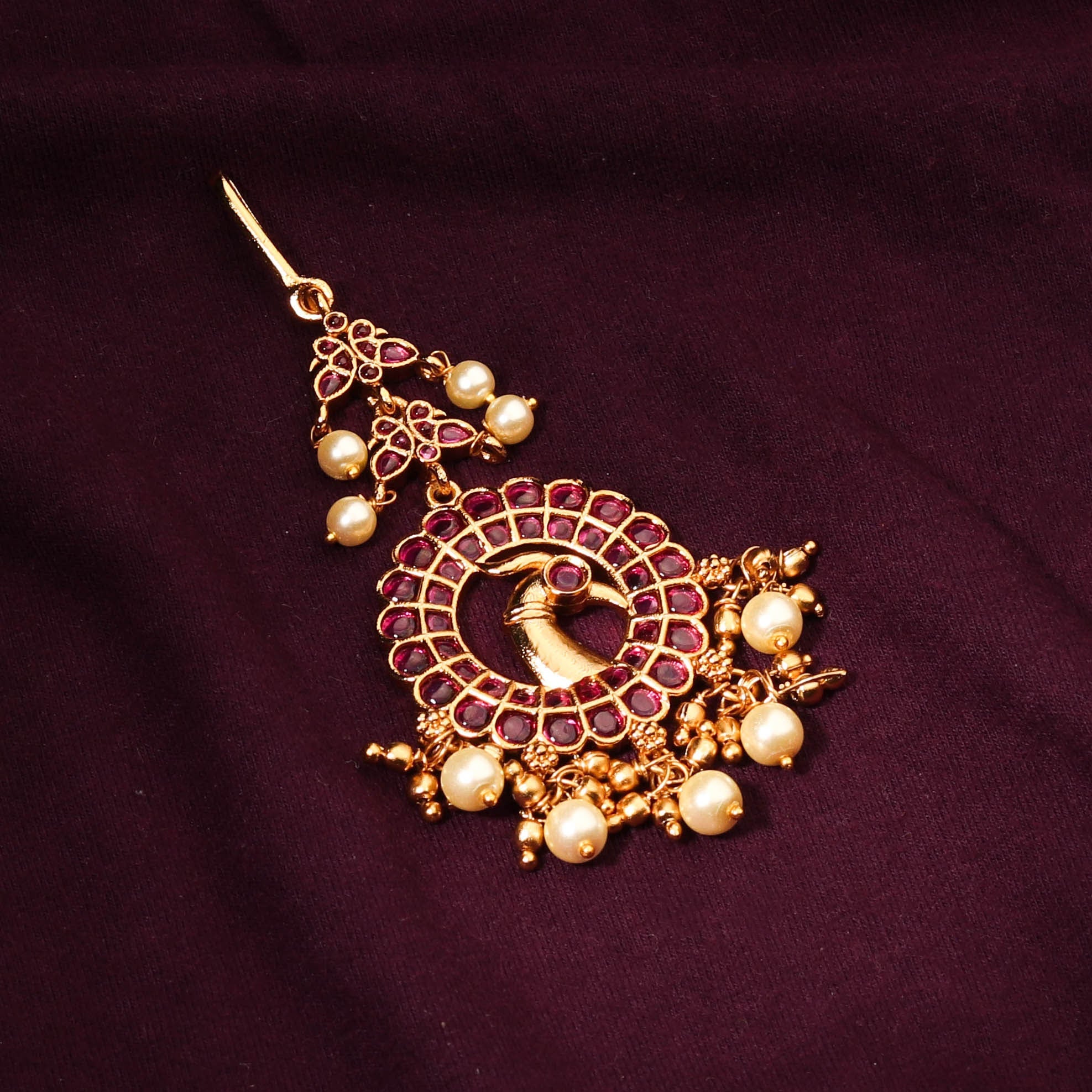 Gold Plated Pink Kemp Stone Peacock Maang Tikka