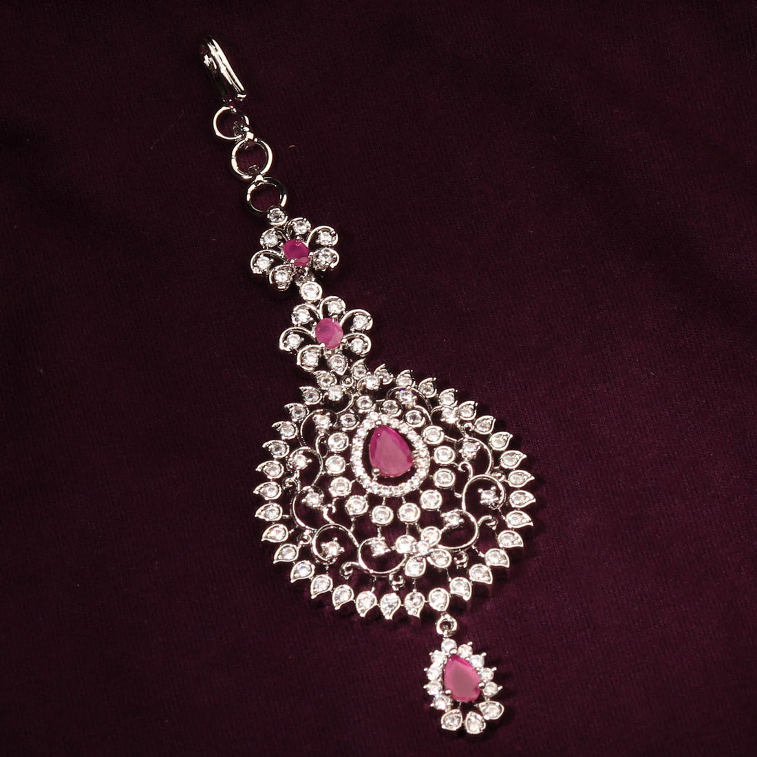 Pink Studded CZ Silver Plated Maang Tikka