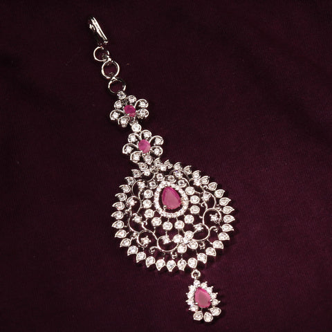 Pink Studded CZ Silver Plated Maang Tikka