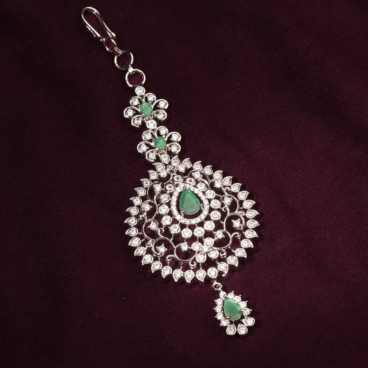 Silver Plated Maang Tikka With Green CZ for a Touch of Sparkle