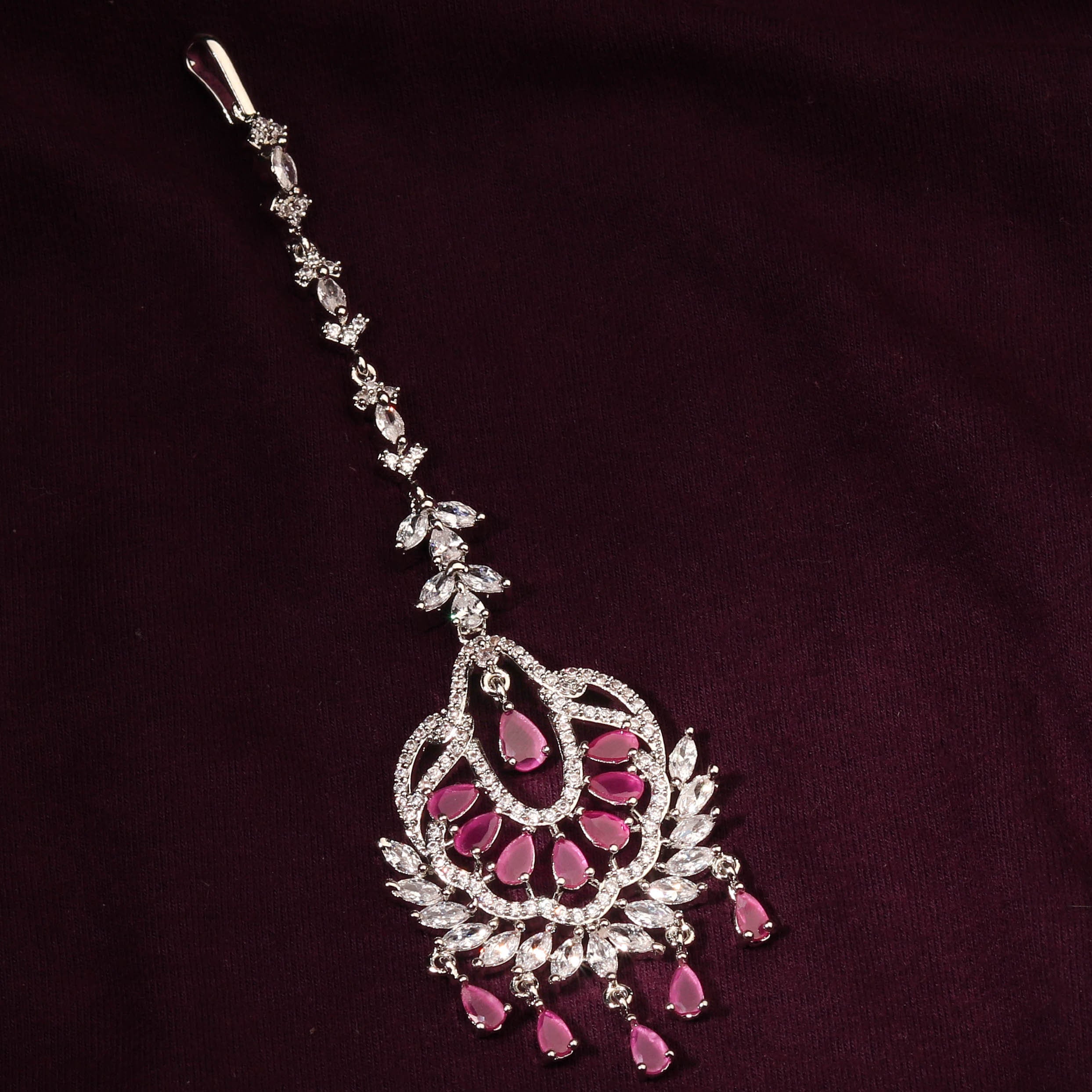 Sparkling Pink Cubic Zirconia Silver Plated Maang Tikka