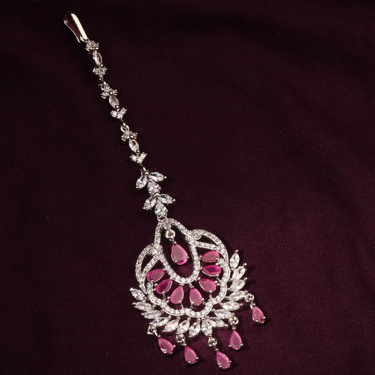 Sparkling Pink Cubic Zirconia Silver Plated Maang Tikka