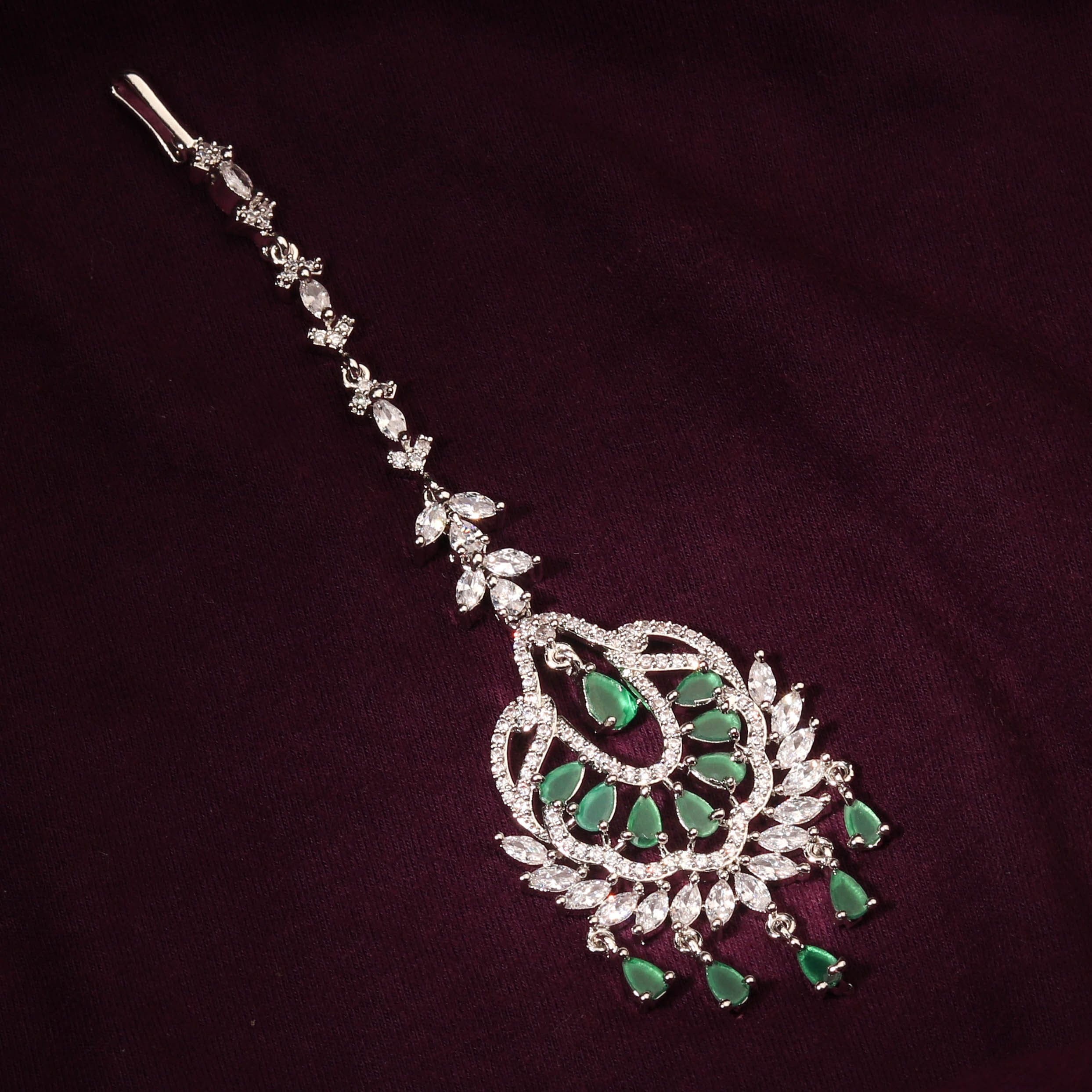 Elegant Silver Plated Maang Tikka Studded With Green Cubic Zirconia