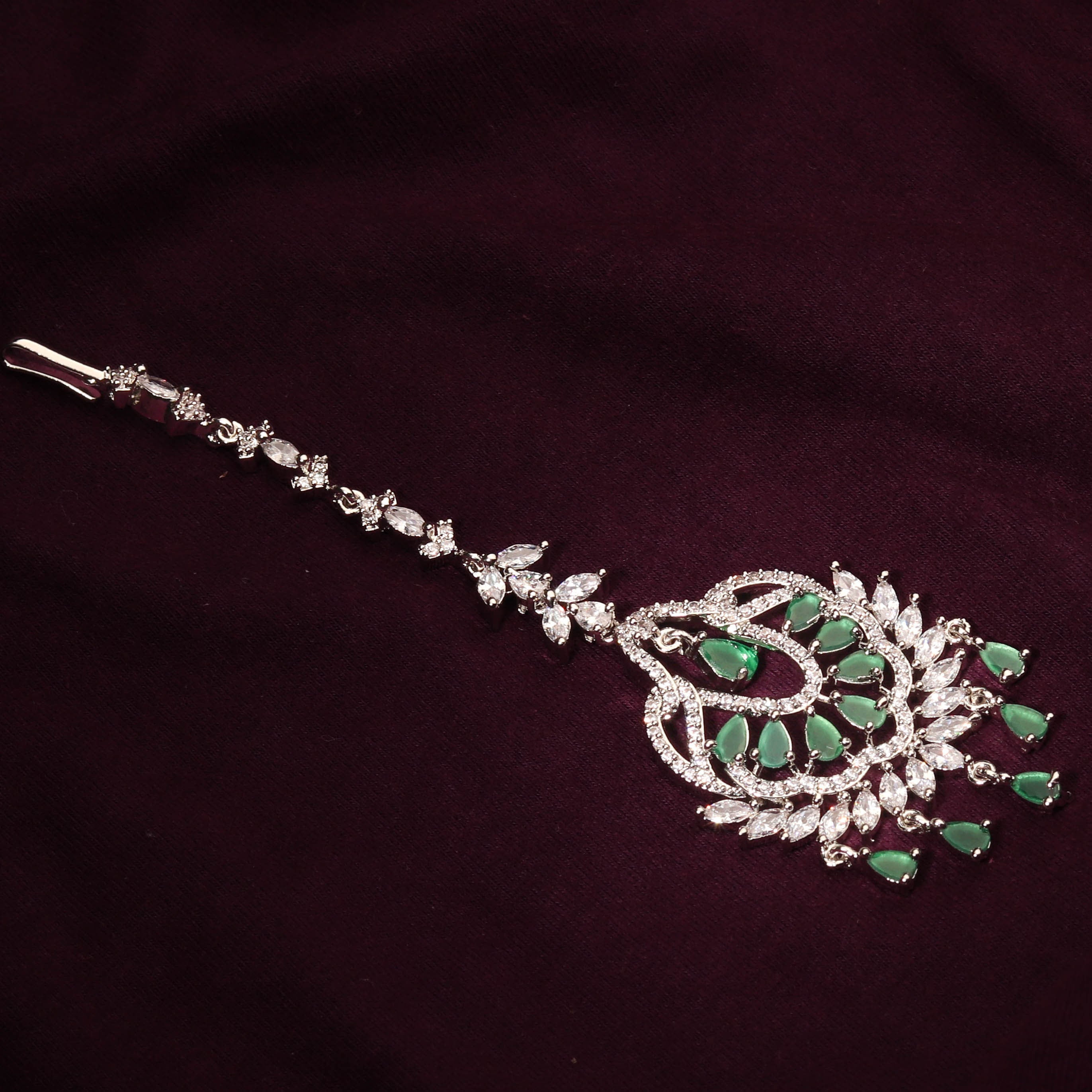 Elegant Silver Plated Maang Tikka Studded With Green Cubic Zirconia