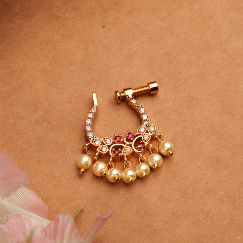 Elegant 24K Gold Plated Multi Colour Stone Nose Pin With Pearls