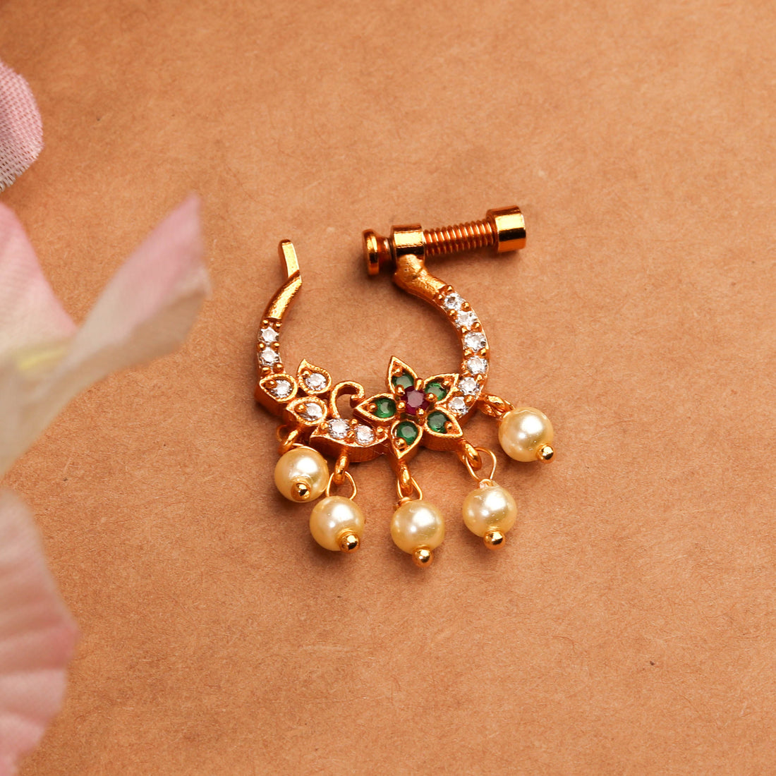 Handcrafted 24K Gold Plated Petal Nose Pin With Pearls