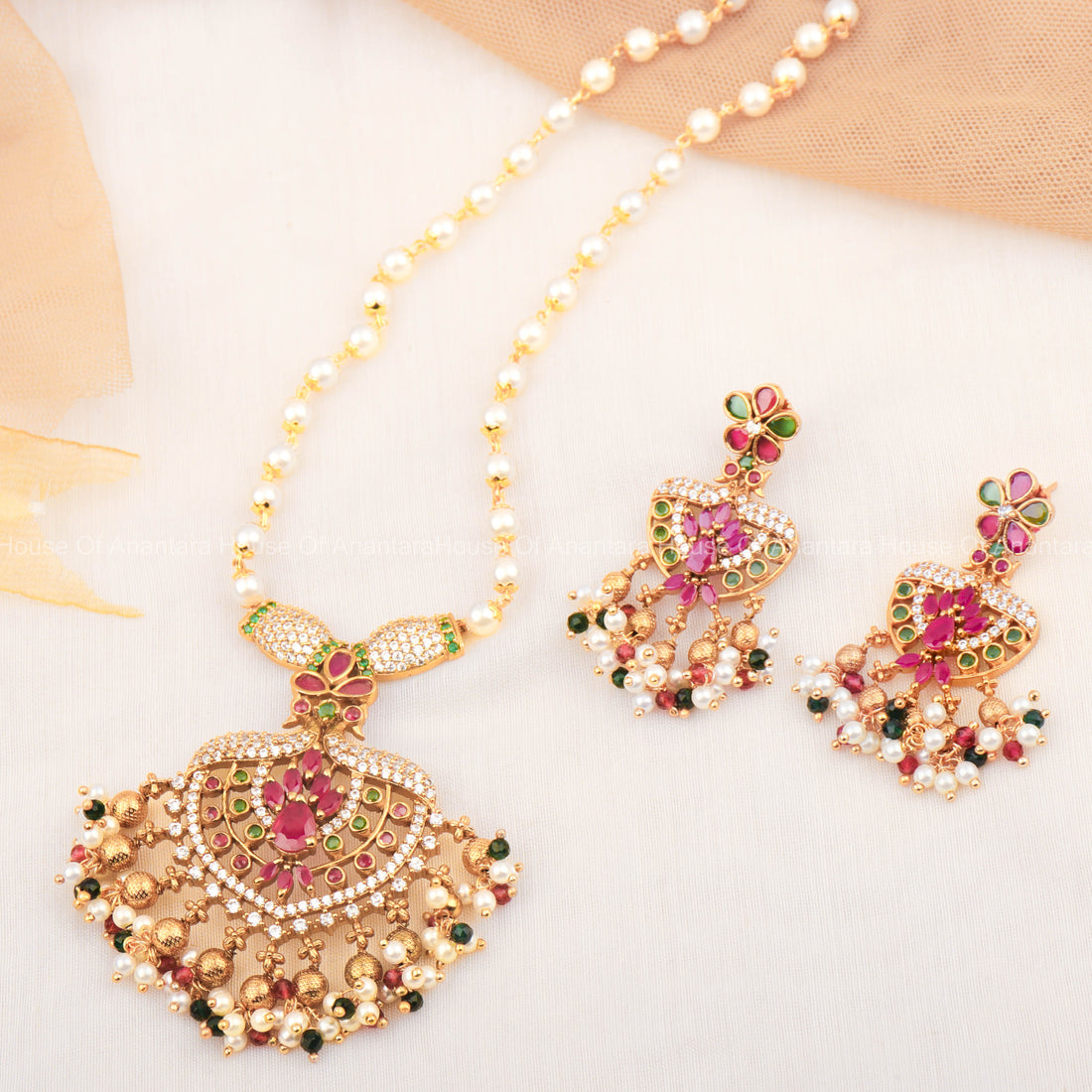 Gold Plated 24K Pearl Necklace Set With Multi Color Stones And Earrings For Women