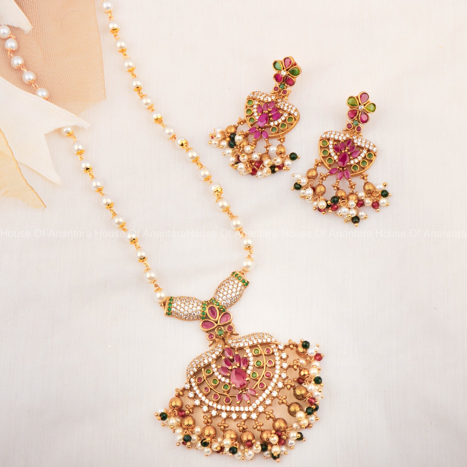 Gold Plated 24K Pearl Necklace Set With Multi Color Stones And Earrings For Women