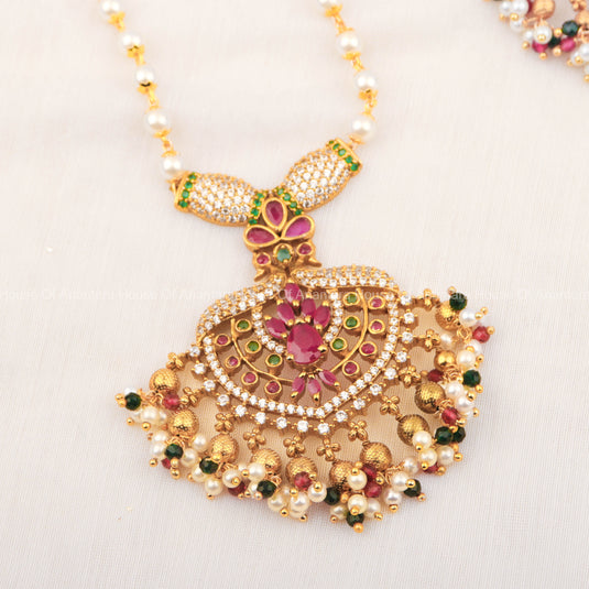 Gold Plated 24K Pearl Necklace Set With Multi Color Stones And Earrings For Women