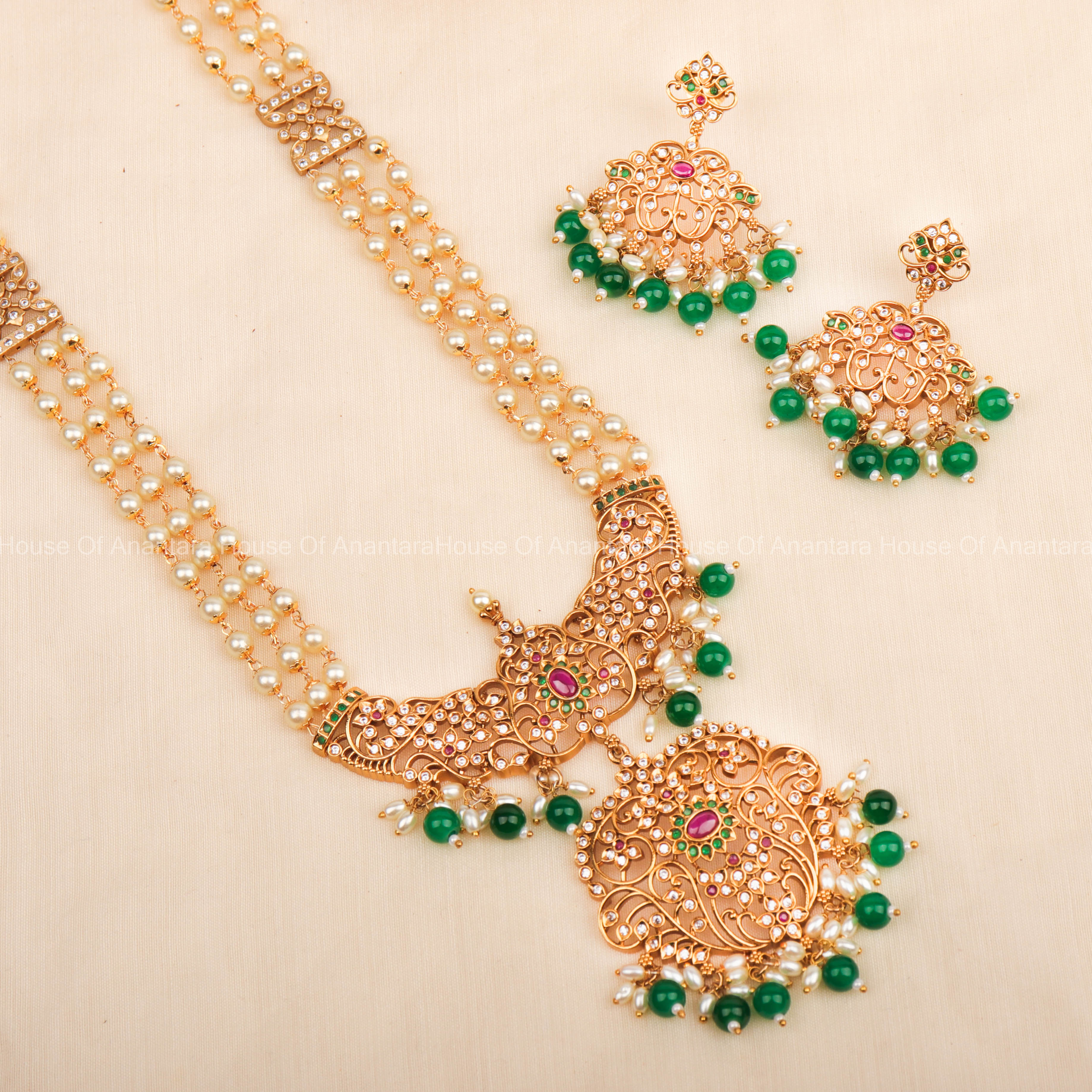 24K Gold Plated Pearl Long Haram Necklace Set With Emerald Color Beads And Earrings For Women