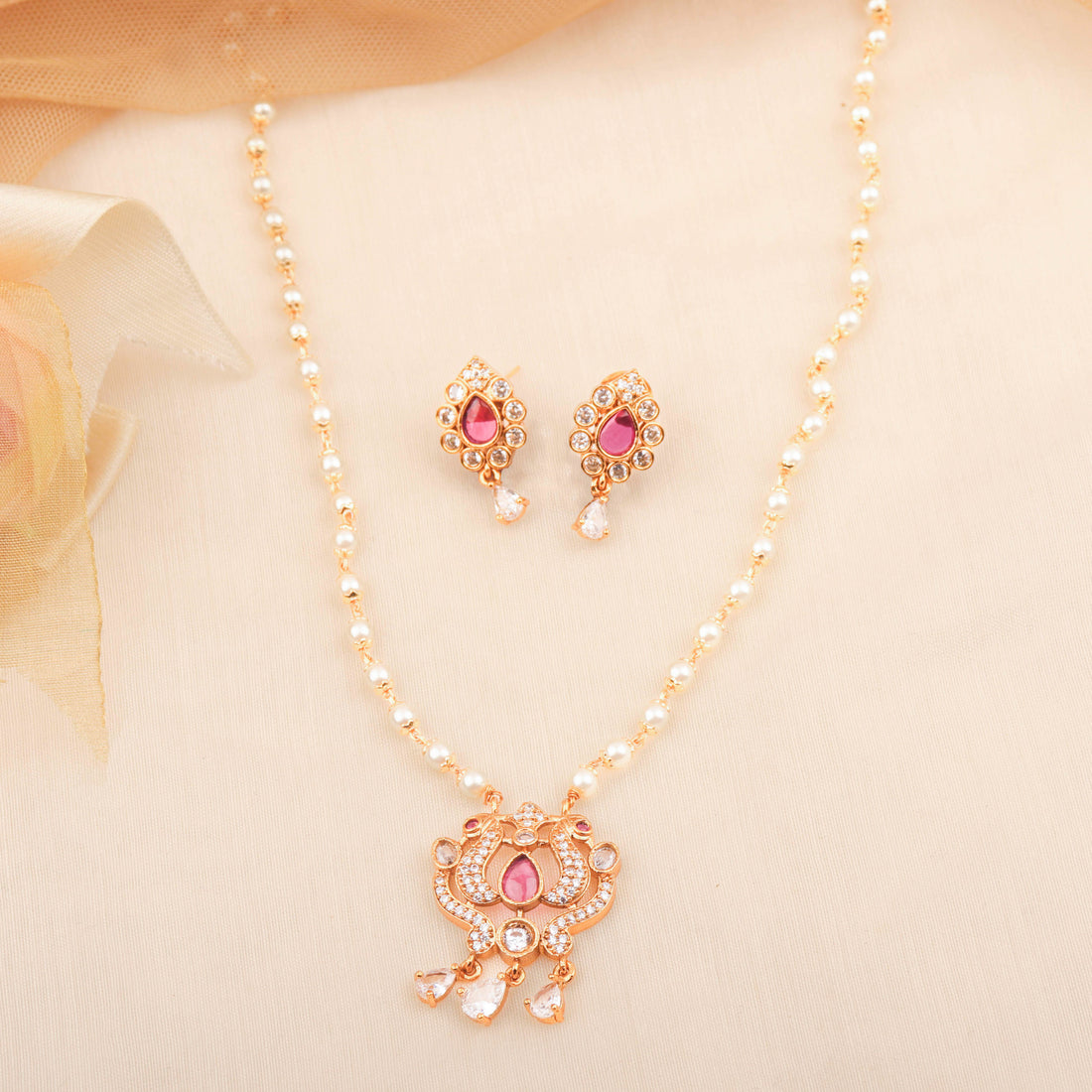 Classic 24K Gold Plated Pearl Necklace Set With Pink Color Pendant And Earrings For Women