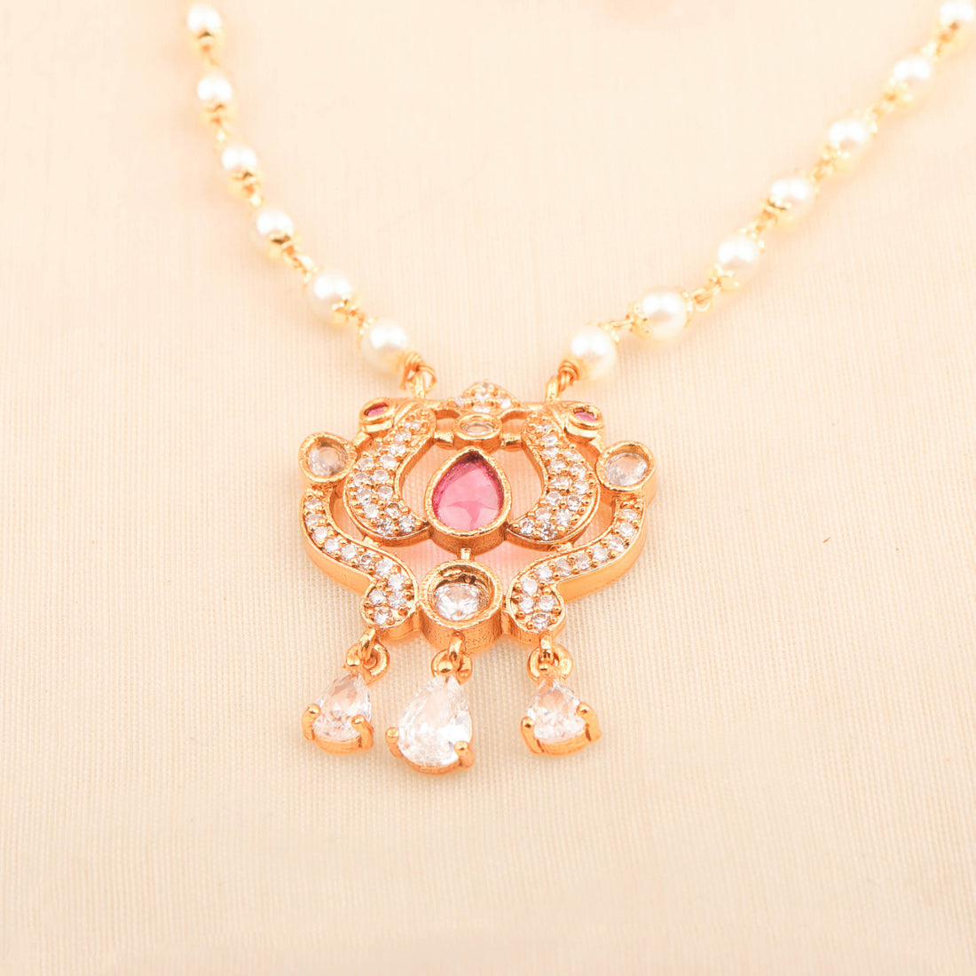 Classic 24K Gold Plated Pearl Necklace Set With Pink Color Pendant And Earrings For Women