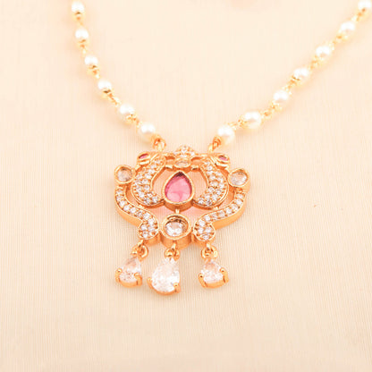 Classic 24K Gold Plated Pearl Necklace Set With Pink Color Pendant And Earrings For Women