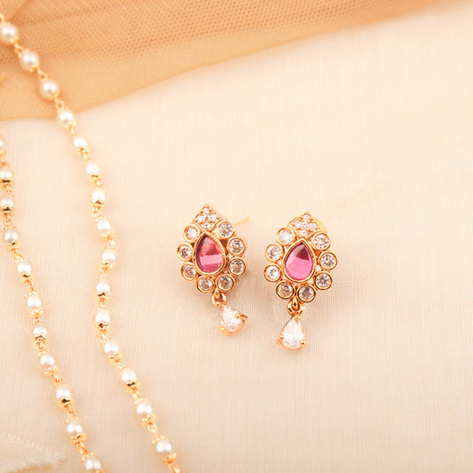 Classic 24K Gold Plated Pearl Necklace Set With Pink Color Pendant And Earrings For Women