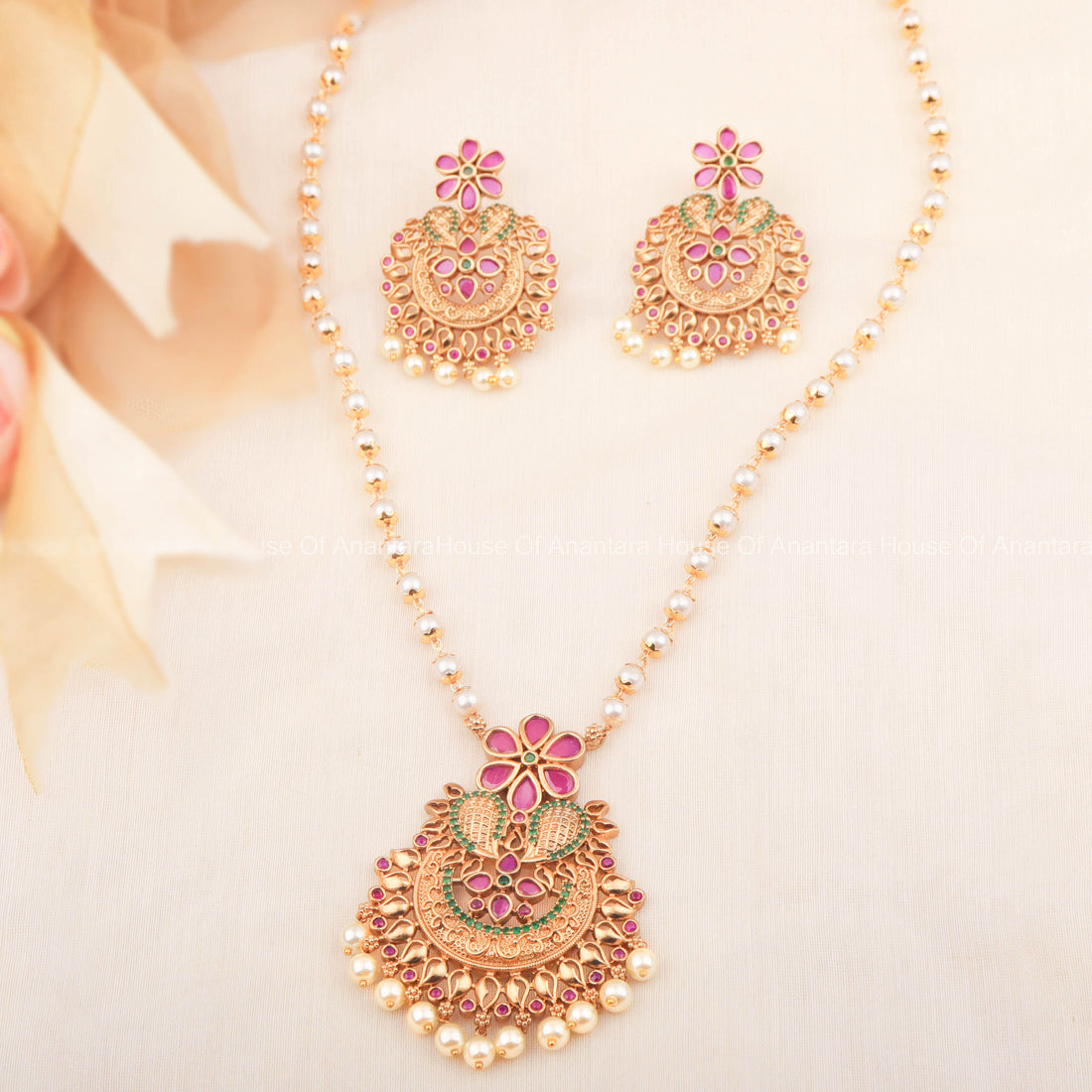 24K Gold Plated Elegant Necklace Set With South Indian Pendant And Pair of Earrings