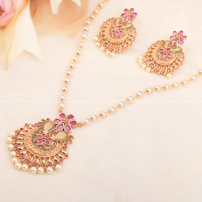 24K Gold Plated Elegant Necklace Set With South Indian Pendant And Pair of Earrings