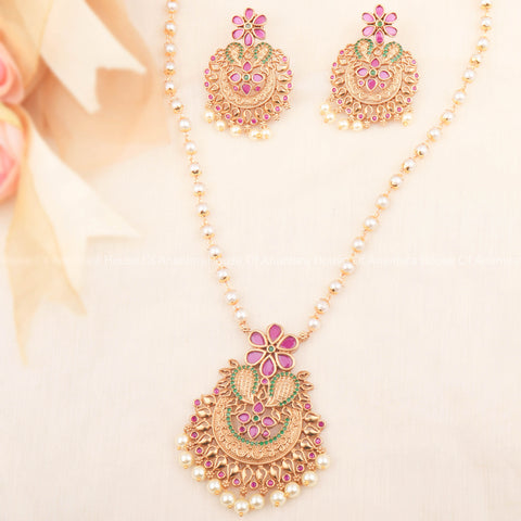 24K Gold Plated Elegant Necklace Set With South Indian Pendant And Pair of Earrings