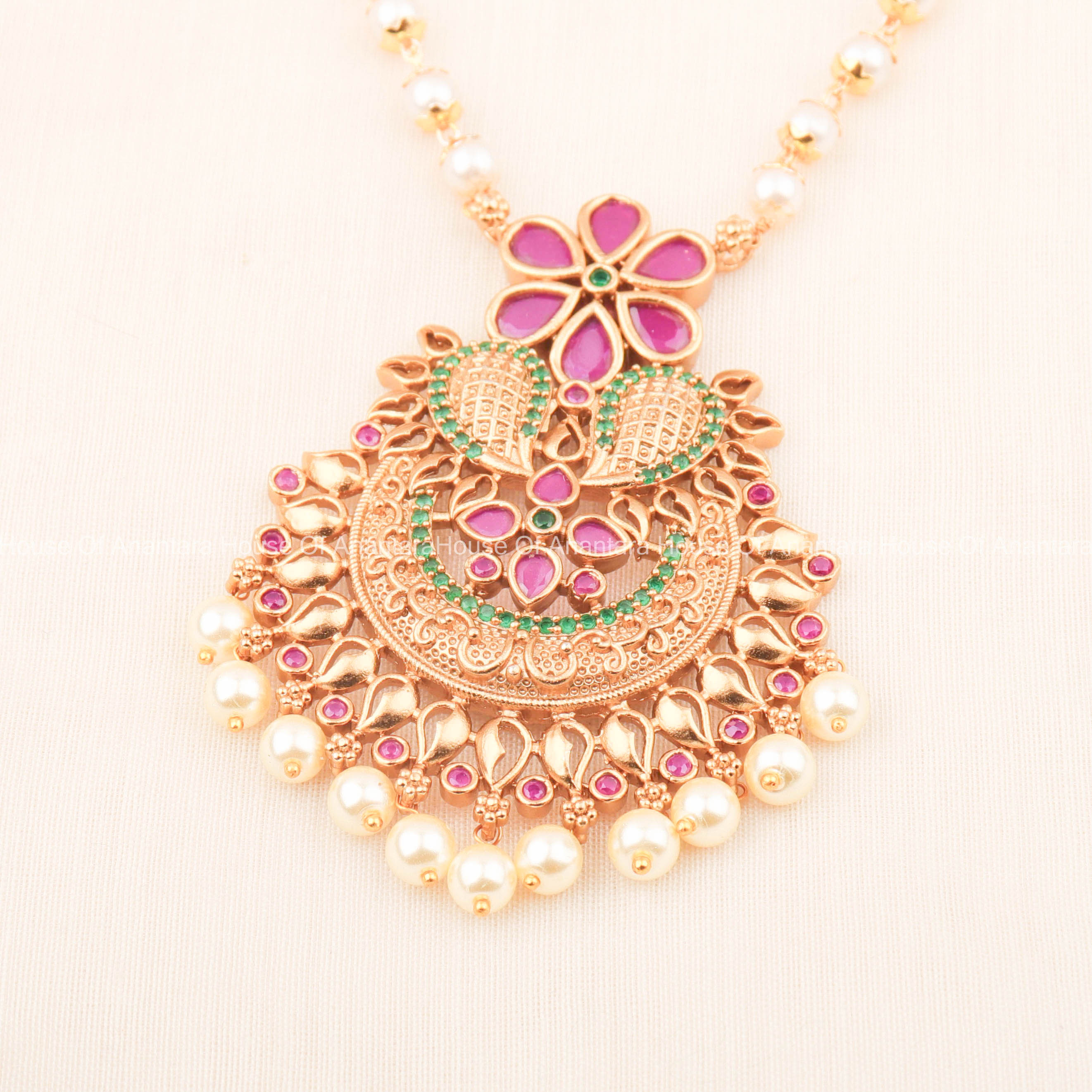 24K Gold Plated Elegant Necklace Set With South Indian Pendant And Pair of Earrings