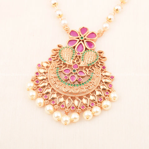 24K Gold Plated Elegant Necklace Set With South Indian Pendant And Pair of Earrings