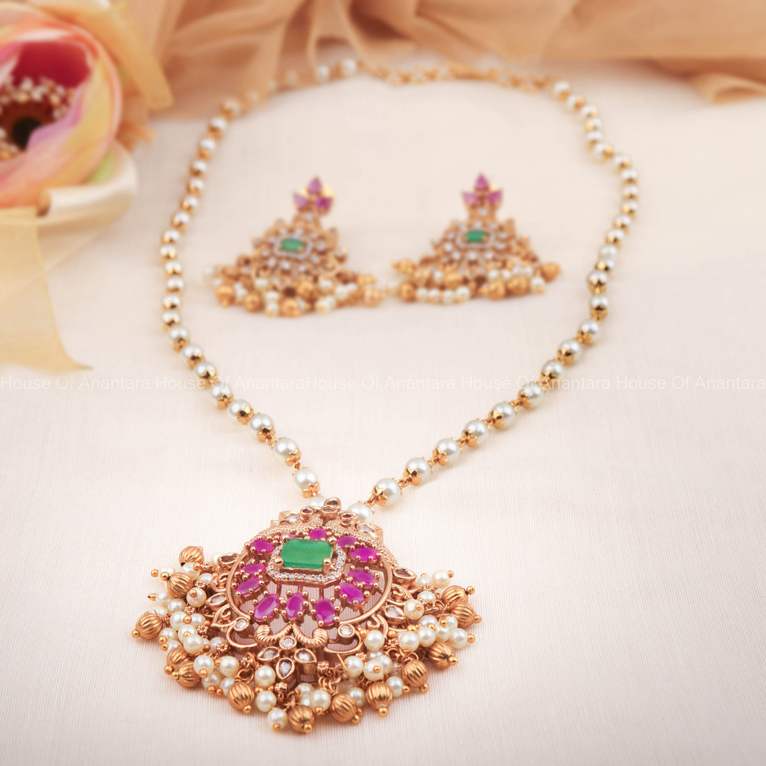 Traditional Pearl Necklace Set With Pearl And Golden Beads For South Indian Attaire