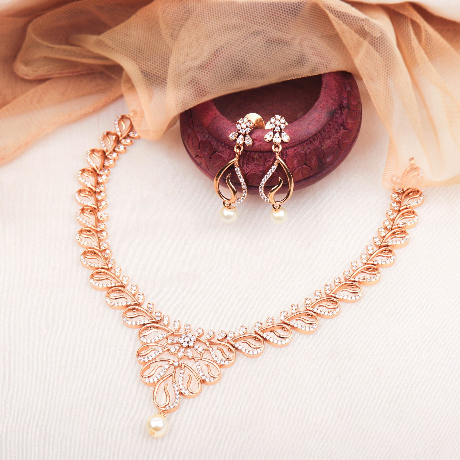 Luxurious 24K Gold Plated Short Necklace With White CZ Stones And Pair Of Earrings For Women