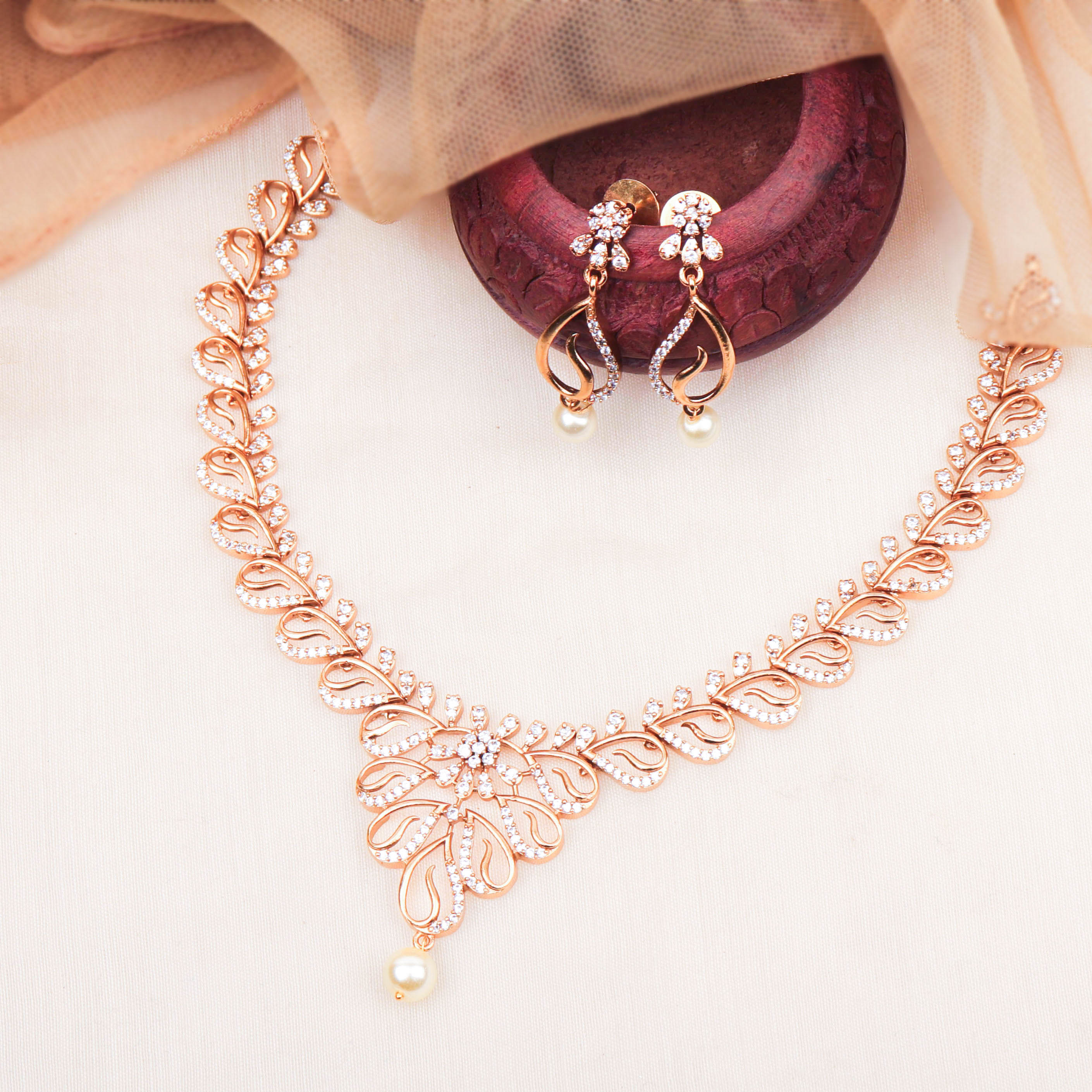 Luxurious 24K Gold Plated Short Necklace With White CZ Stones And Pair Of Earrings For Women