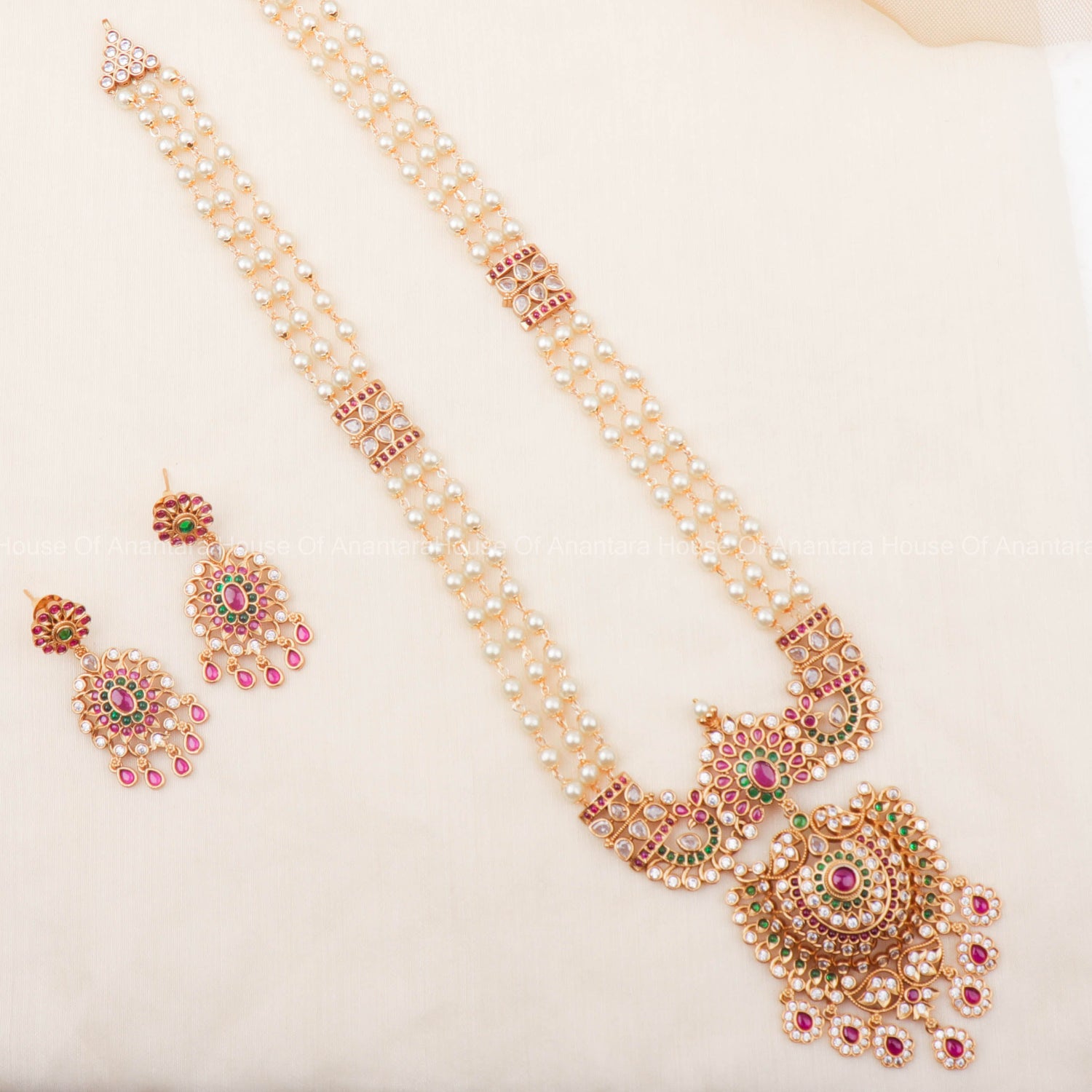 24K Gold Plated Long Haram Necklace Set And Earrings For Women