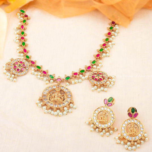 24K Gold Plated Nakshi Necklace Set With Multi Color Stones and Earrings For Women